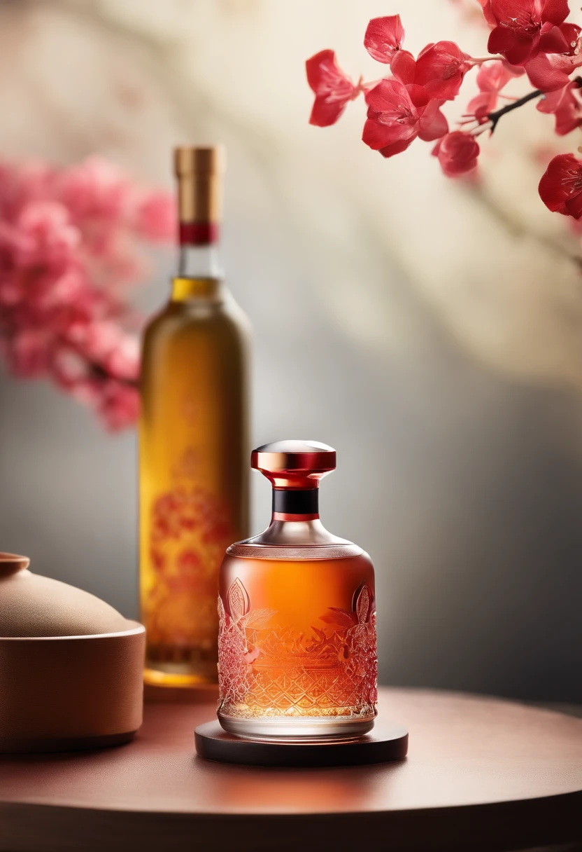 Wenjun wine,Women's wine,orient,Clear glass bottle,Gradient,Oriental elements, Product photography, miniature product photo, daoshu, inspired by Park Hua, inspired by Dong Yuan, Inspired by Cao Zhibai, Product photography 4 K, Inspired by Seki Dosheng, commercial product photography, inspired by Gu An, professional product photo, Product photo, inspired by Lu Guang