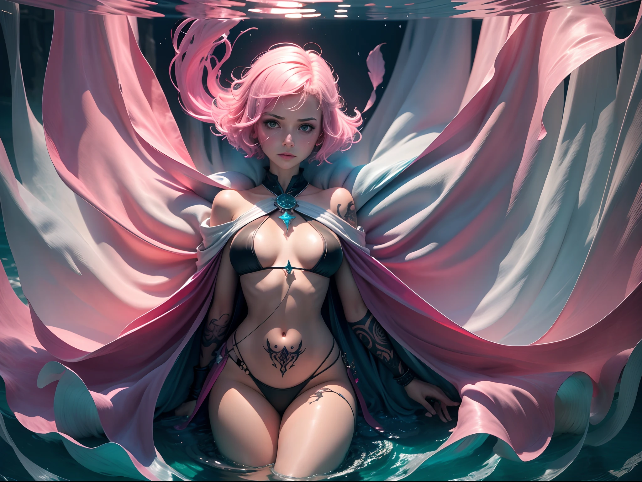 Under the surface of the water，A defeated woman，pink short hair，Pink pupils，Black bikini，Translucent mage robes，spread their legs，The whole body is covered with tattoos