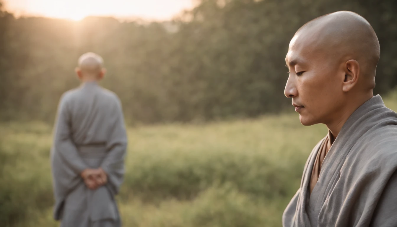 The back of a Buddhist monk, In meditation，Wearing a gray monk's robes，The sun that rises early