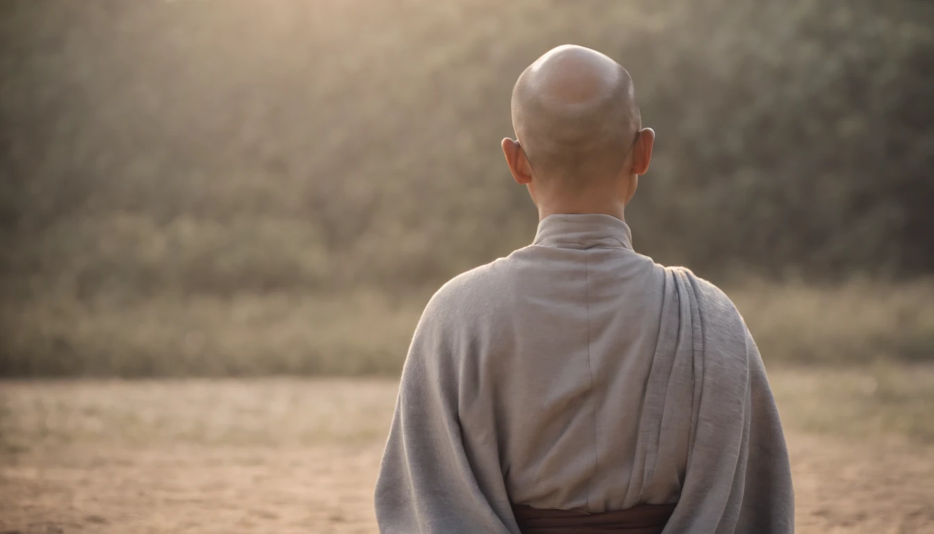 The back of a Buddhist monk, In meditation，Wearing a gray monk's robes，The sun that rises early