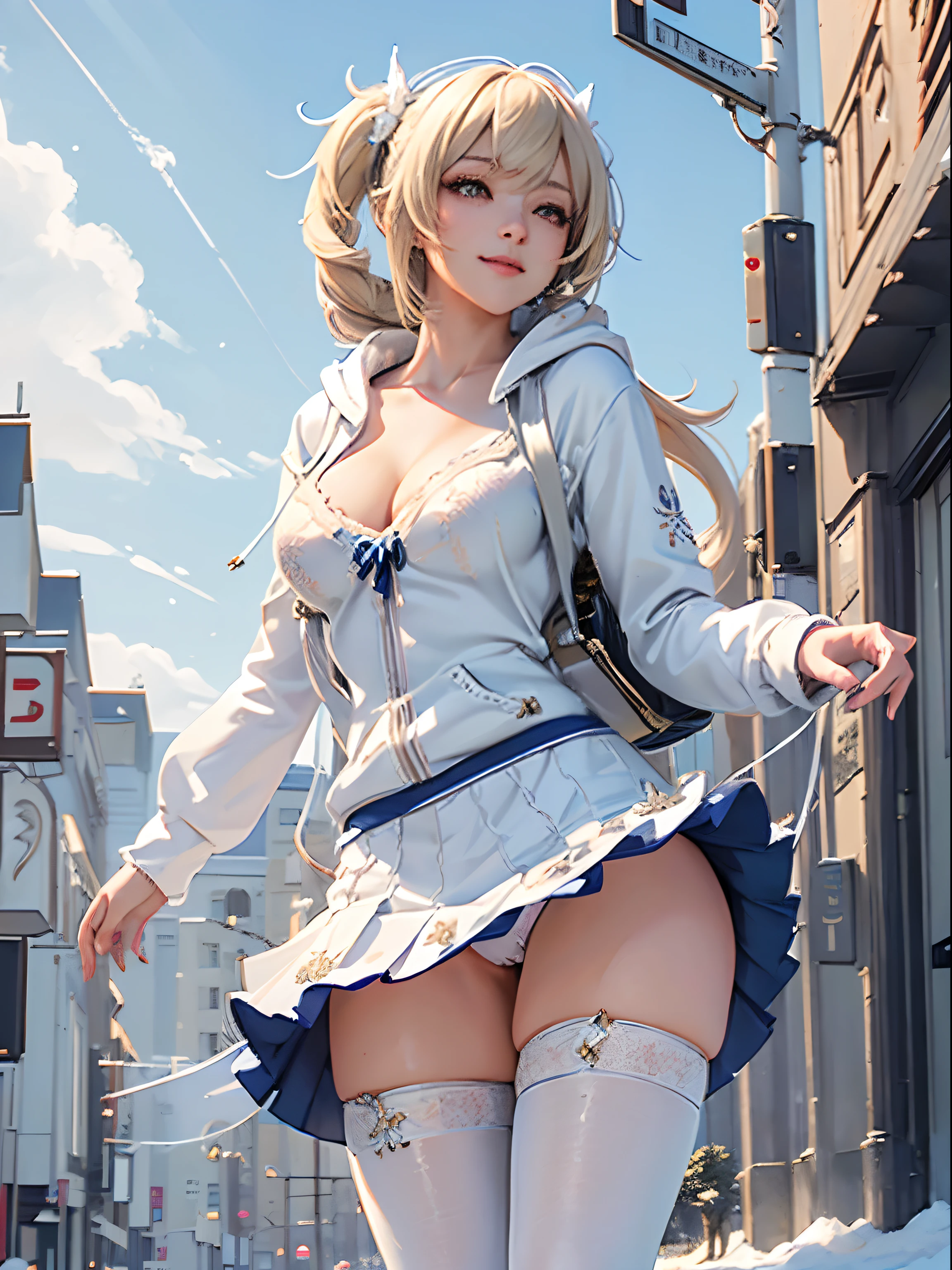 Barbara(genshin impact), extremely detailed, 1 girl,snowy, winter,(((white hoodie, blue embroidery))),(((tiny miniskirt))),realistic anime, 4k, wallpaper, smiling,wide hips, full body, small breasts, see through,(((street))), (((skirt lift))), (visible cameltoe), (( white stockings)), blonde, ((cleavage cutout)),(((street)))