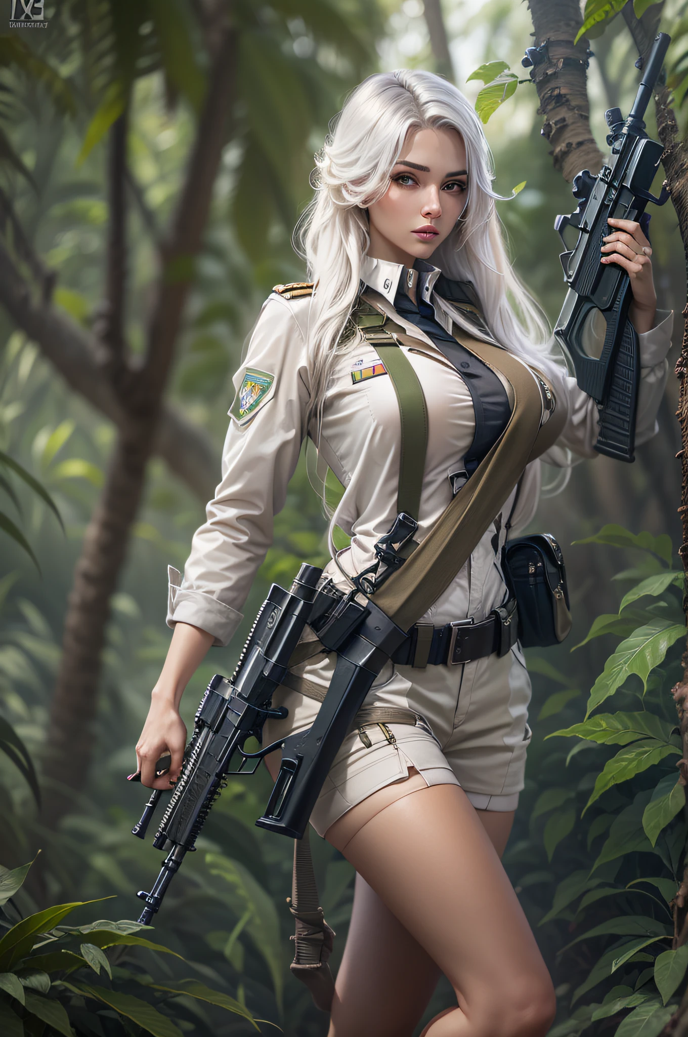 Photorealistic, high resolution, photorealestic,Beautiful tall woman, Solo, Hips up, view the viewer, (Detailed face),White color hair, Long hair, Young camouflage uniform, Stockings,jungle backdrop, Girl aiming AK-47 assault rifle