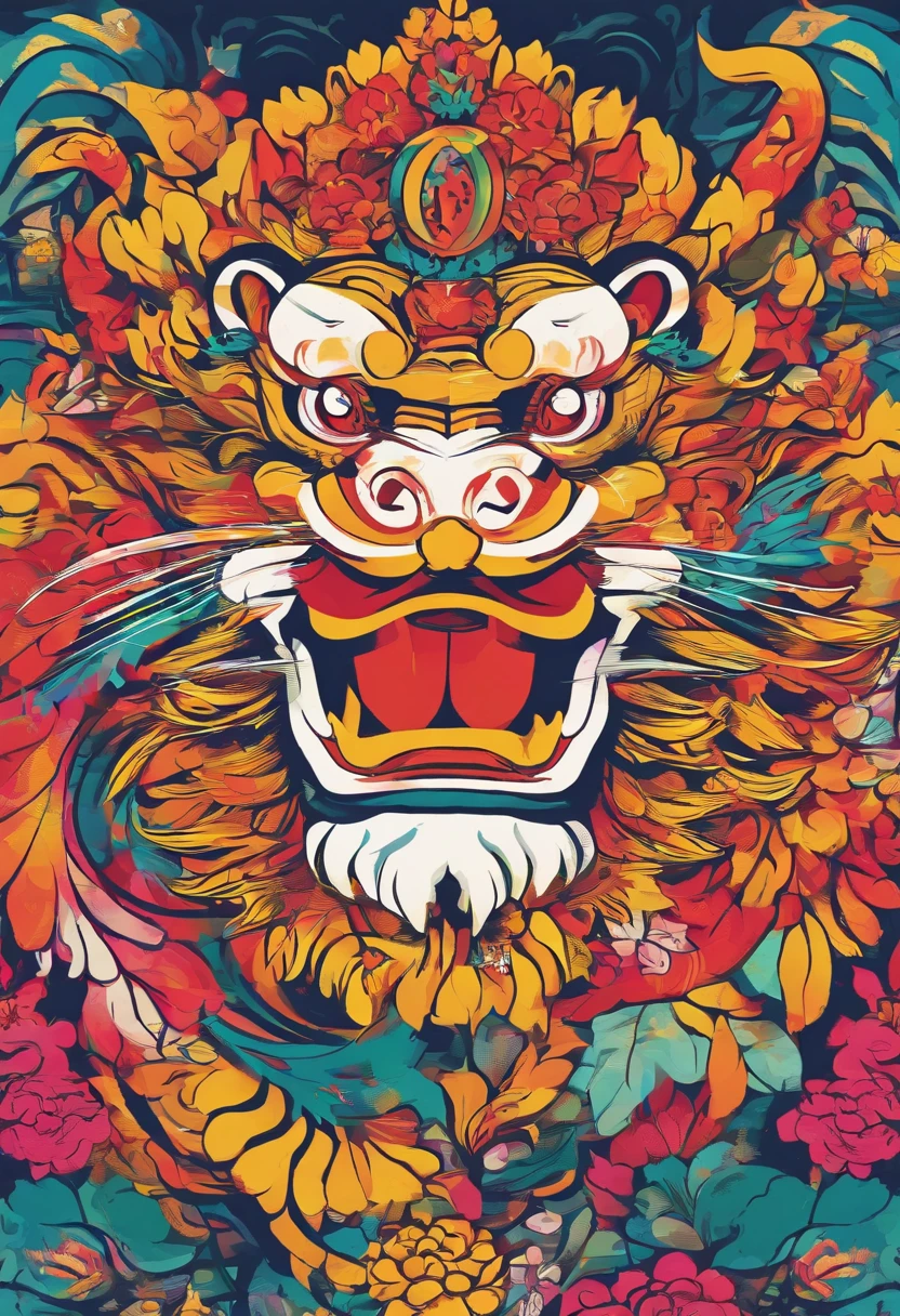 (lion dance),(The state of the lion dance),closeup cleavage,Hong Kong.depth of fields,The background is blurred out,Flower foreground