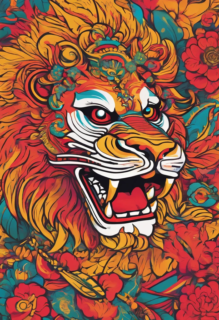 (lion dance),(The state of the lion dance),closeup cleavage,Hong Kong.depth of fields,The background is blurred out,Flower foreground