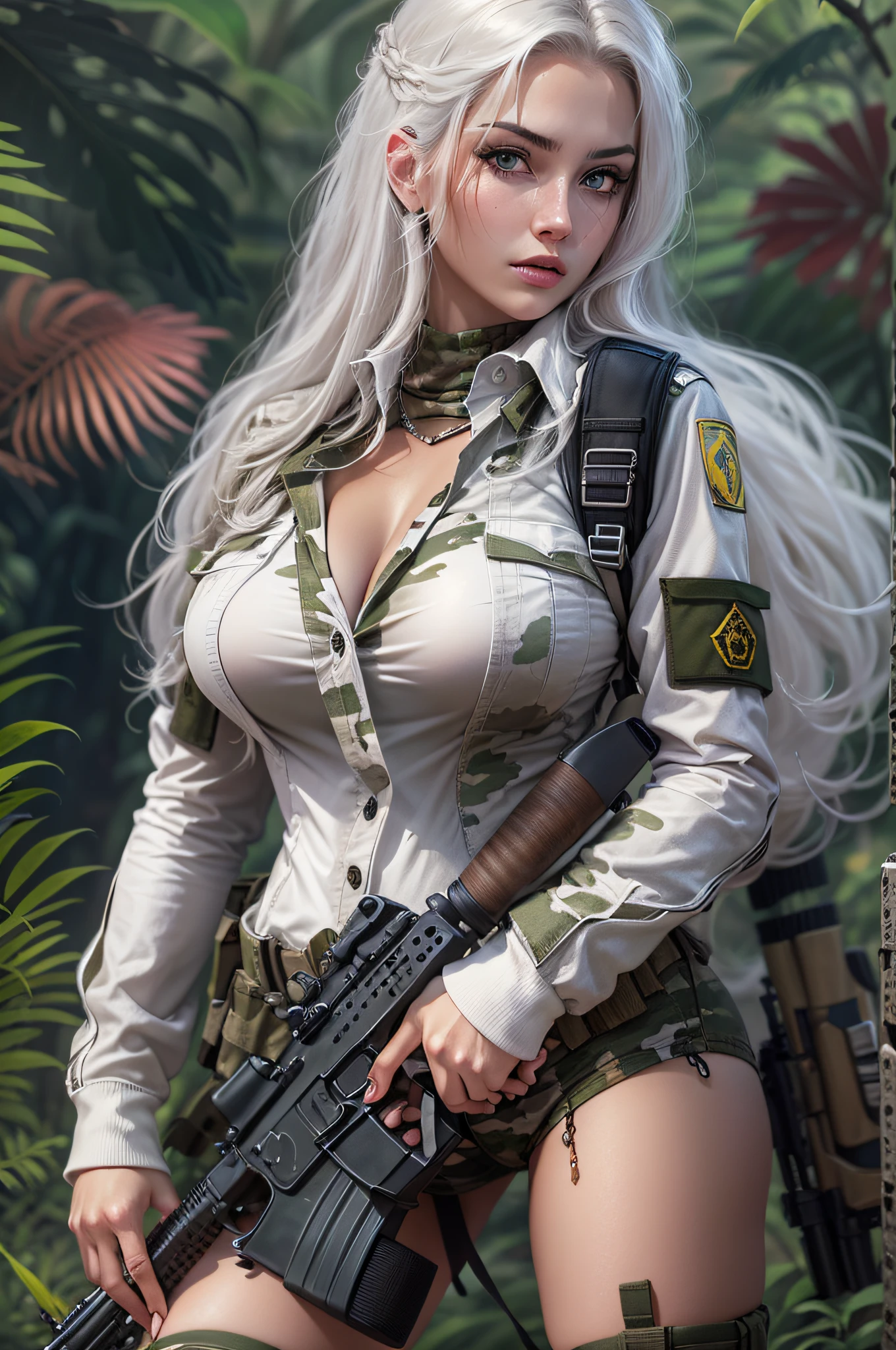 Photorealistic, high resolution, photorealestic,Beautiful tall woman, Solo, Hips up, view the viewer, (Detailed face),White color hair, Long hair, Young camouflage uniform, Stockings,jungle backdrop, Girl aiming AK-47 assault rifle