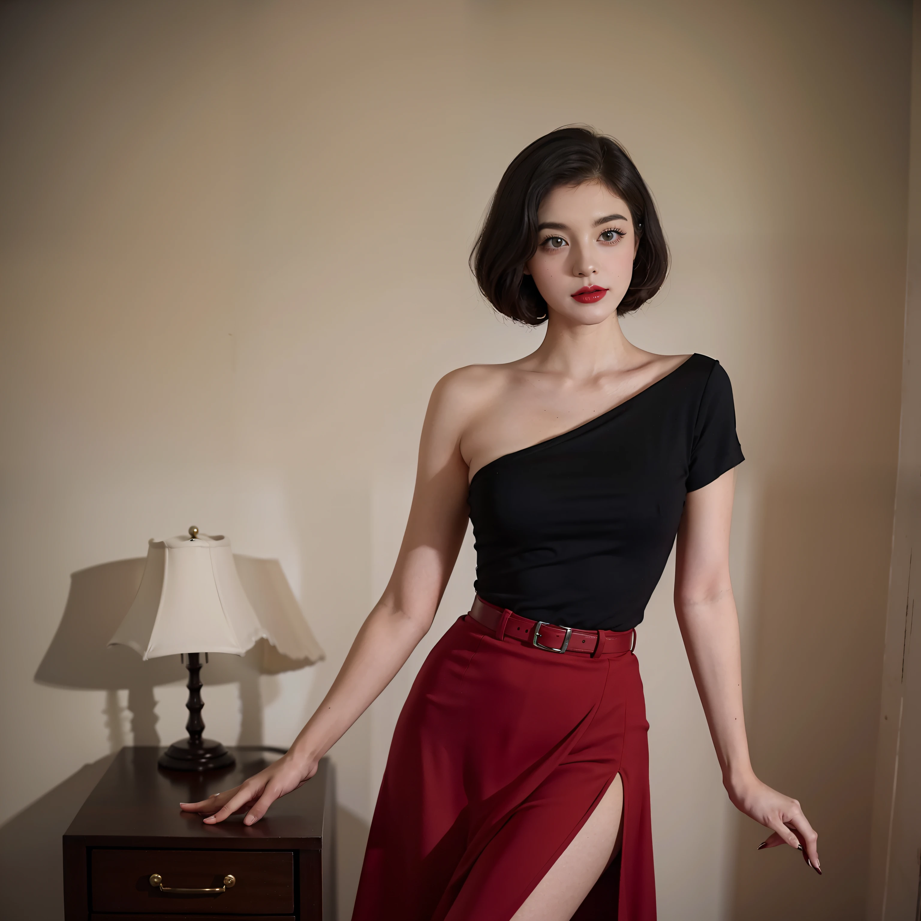 Mallory Malone's costume description is very detailed, Unique and interesting style. toppless,barechested,、A fitted black knee-length skirt with red accents creates a striking visual contrast. The addition of a black heel with ankle strap is、Adds a classy touch to the look. Apart from clothes, Vintage 1950s Bob Hairstyles、Adds a retro and timeless element to Mallory Malone's style. This type of hairstyle is、Known for its neat and short appearance, Typically、Jaw length with both ends turned inward. This hairstyle selection is、Add a vintage touch to the look、Complements Mallory's overall style. Makeup also plays an important role in the appearance of Mallory Malone. Although there are no specific details about makeup mentioned in the description, It is possible to imagine that she may be rocking a 1950s-inspired look.Happy,I see underwear,taking off shirt,Chest exposed,toppless,