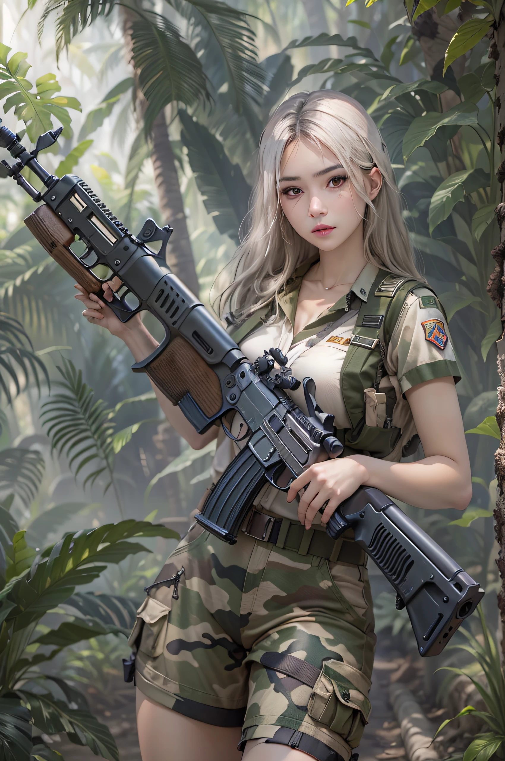 Kizi, an Quority, top-quality, big breasts beautiful, prette, The sheen,Next to the missile car, tmasterpiece, Cat eyes,White army uniform,Raised sexy,chest baring,cropped shoulders,nakeness,Army equipment,short skirt, Big wavy blonde hair,With a military cap,Fighting posture,white colors,Land background,(((Armed with a submachine gun:1.3))),girl soldier