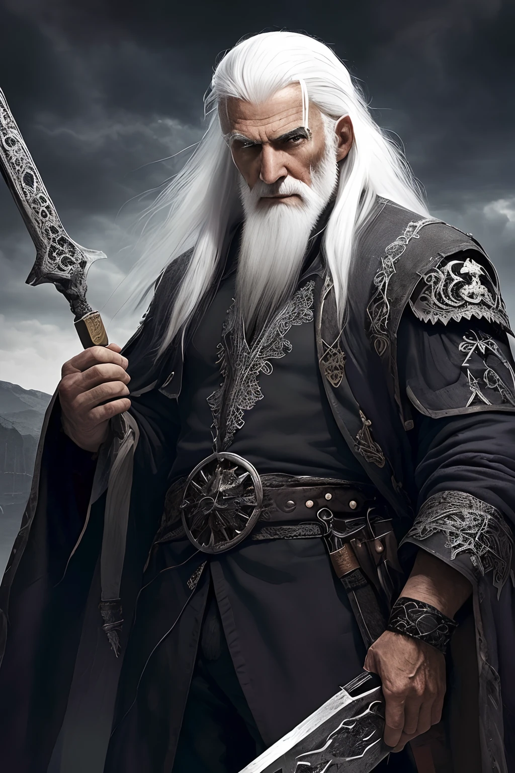 (papel de parede 8k extremamente detalhado), An average photo of an old man with necromancer gerrary white hair, intrincado, alto detalhe, Dramatic