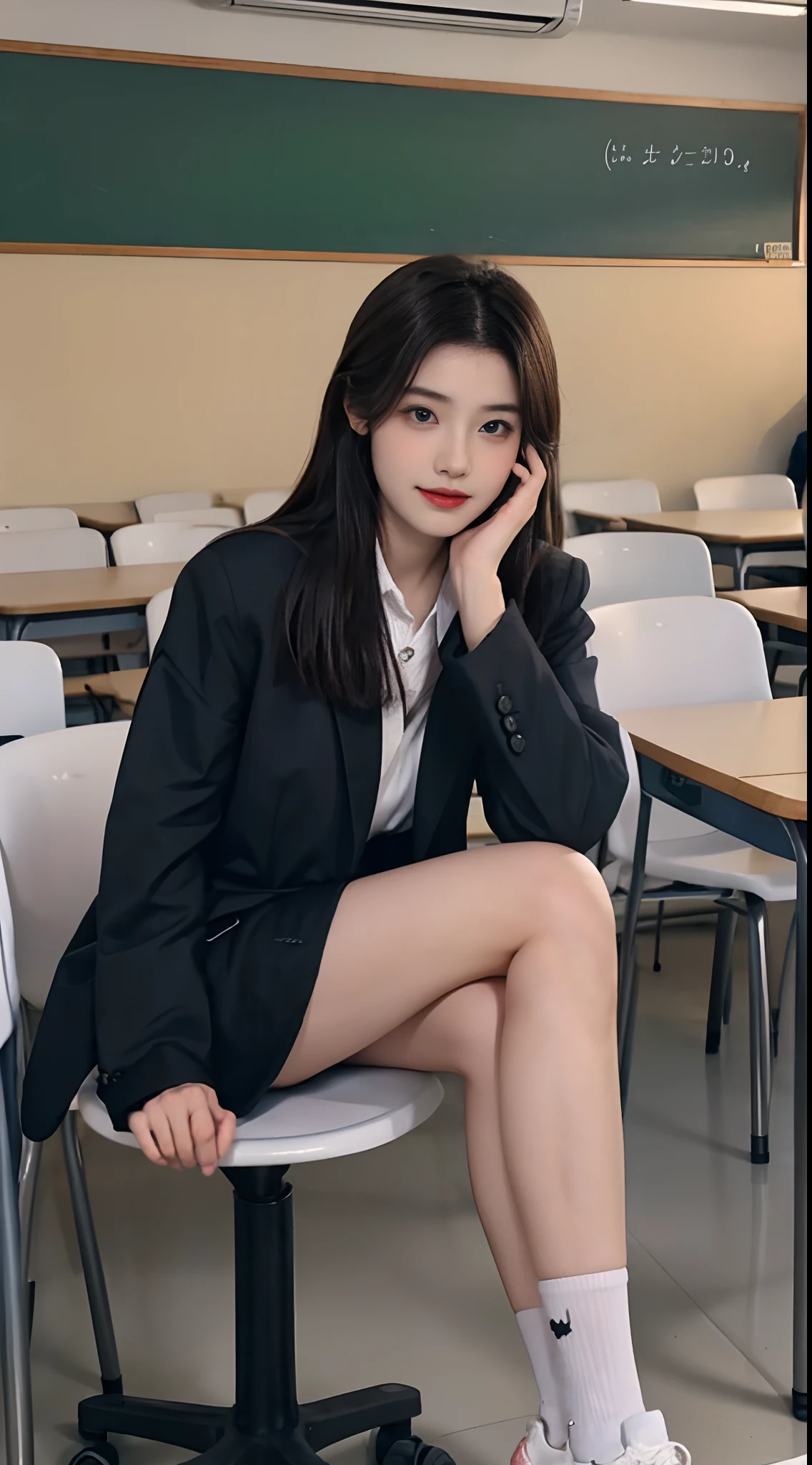 best qualityer，Highest high resolution，one-girl，pupils，Exquisite facial features，largeeyes，long eyelasher，Hydrated red lips，Blushlush，Grim expression，long and flowing hair，Student uniform（nipple tops：Usually long- or short-sleeved shirts，The collar can be a lapel or a stand collar，The color is usually white、Light blue or other light colors。In some schools，The shirt may have the school logo or school name printed on it。
Manteau：Usually a blazer or blazer，The color may be the same or slightly different from the top。In some schools，Jackets may require a school logo or school name。
Skirt or pants：Usually black、Dark blue or other dark pleated skirts or pants。The skirt length is usually above the knee，Pants are usually straight legs or leggings。
shoe：Usually black、Dark blue or other dark leather or sneakers。In some schools，Students may be required to wear lace-up shoes or round-toe shoes），Exquisite facial features，perfect body figure，in class room，Sit in front of the blackboard，sit on chair, Black stockings are particularly eye-catching，中景 the scene is，Great for students，Doing，Doing，Ultra-close-up，Close-up of people，solo person，Solo