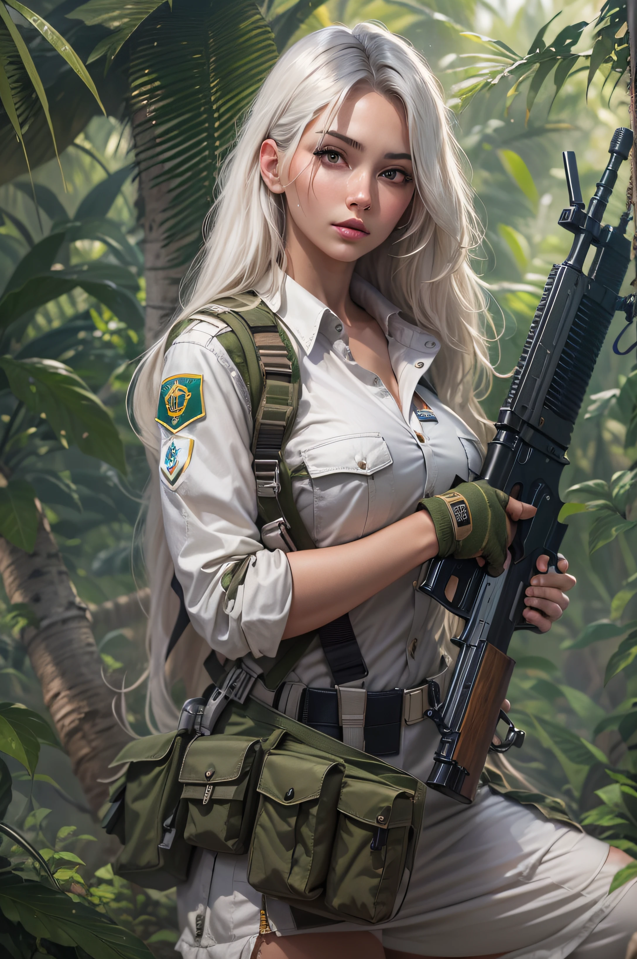 Photorealistic, high resolution, photorealestic,Beautiful tall woman, Solo, Hips up, view the viewer, (Detailed face),White color hair, Long hair, Young camouflage uniform, Stockings,jungle backdrop, Girl aiming AK-47 assault rifle