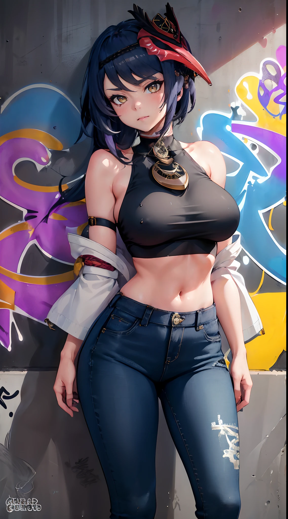 Kujou Sara Genshin Effect, masterpiece, bestquality, 1girls, oversized breasts, bara, crop top, Long Jeans, choker, (Graffiti:1.5), Splash with purple lightning pattern., arm behind back, against wall, View viewers from the front., Thigh strap, Head tilt, bored, Ponytail, water eyes,