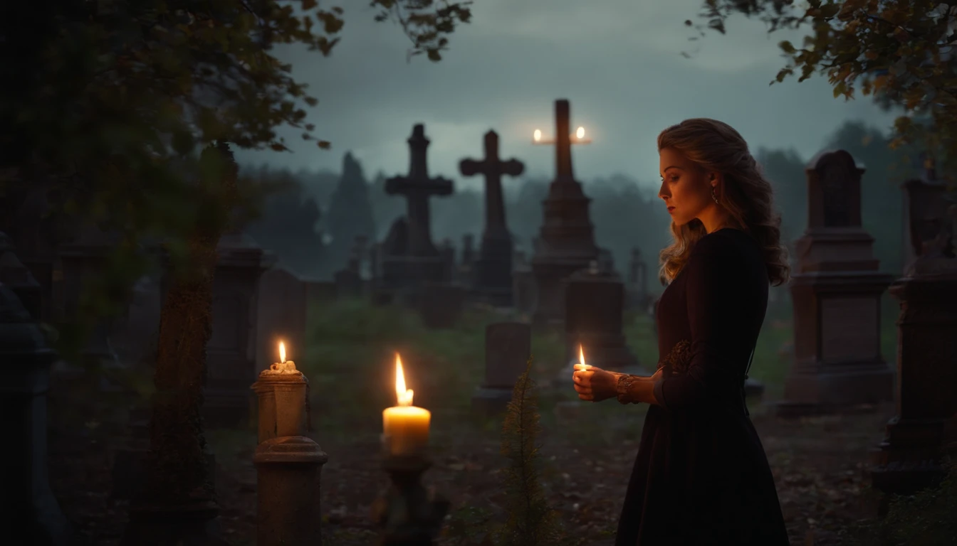 • Emily appears on the scene, In a mysterious and dark setting, lighting a candle in an abandoned cemetery.