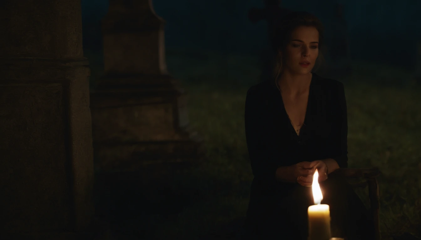 • Emily appears on the scene, In a mysterious and dark setting, lighting a candle in an abandoned cemetery.