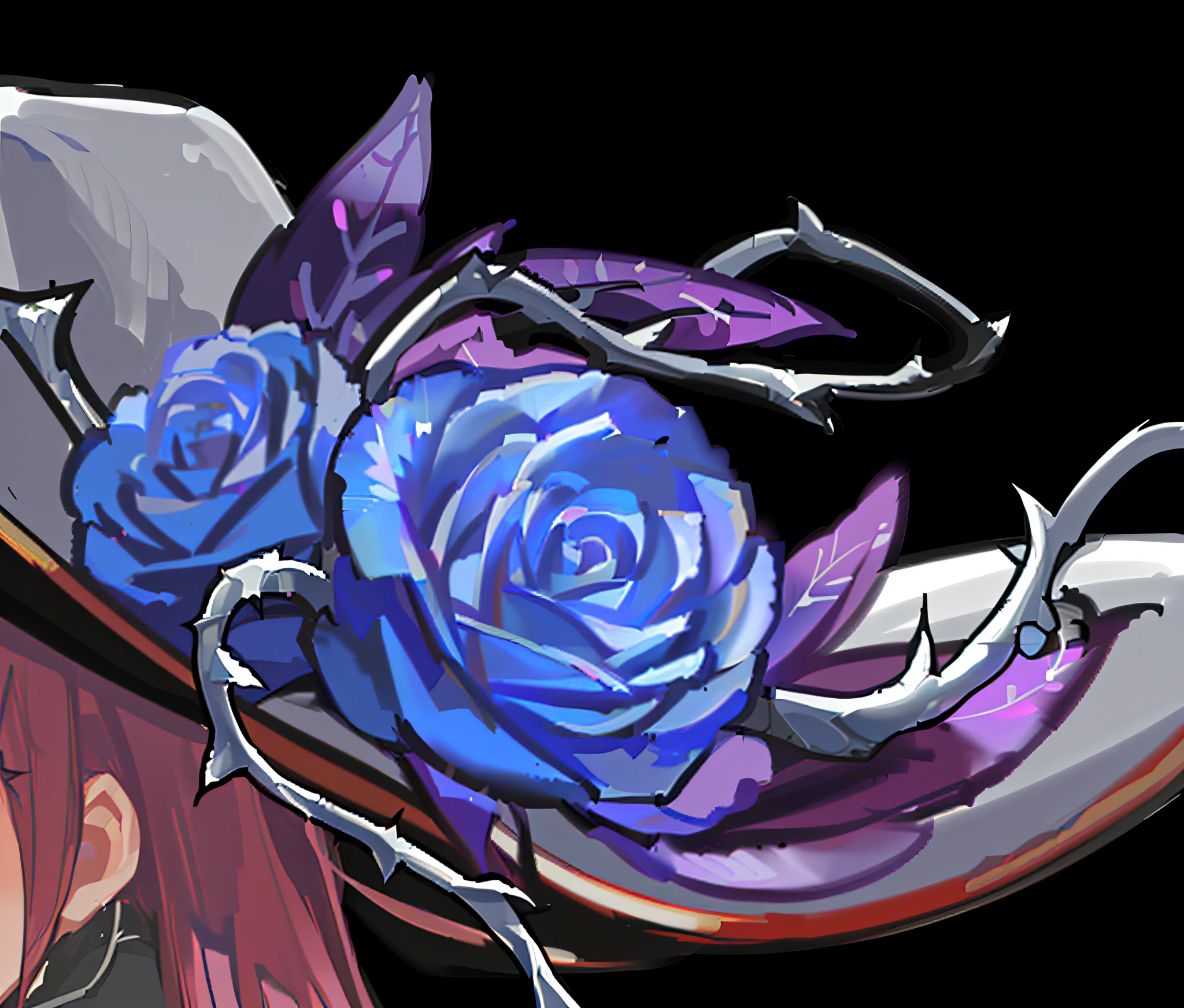 Two blue roses, purple leaves, silver thorns,
