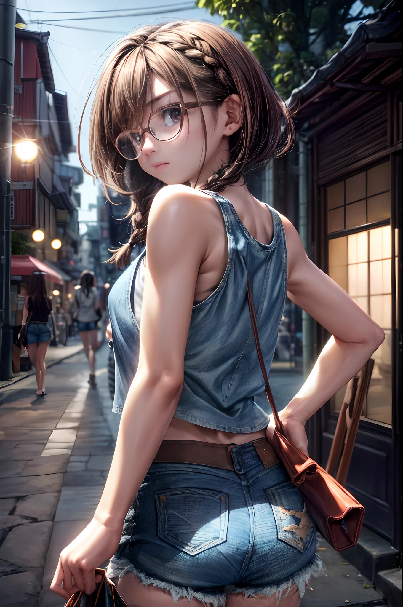 hight resolution、super detailed skin、
(shinny skin:0.8)、(masterpiece、top-quality、Photoreal Stick、Perfect Anatomy:1.4)、Perfect Lighting、
(、Short Girl、Cute、Smaller face)、pale-skinned、Black-rimmed glasses、(Denim Tank Tops、disproportionate-breasted:1.5)、(Denim Damage Shorts:1.5),(ligh brown hair、hair between eye、Medium Hair、1 braid、oval-face、Slender eyes)I have a smartphone、(Looks Back:1.6)、Detailed local public road background of the Japan
