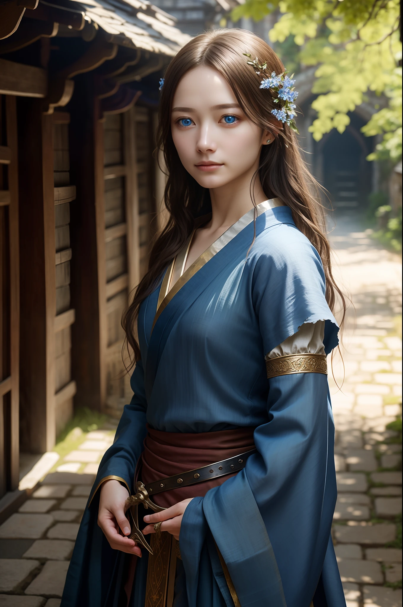 (medieval fantasy art), 1girl, beautiful, perfect face, petite, torn clothes, peasant, messy hair, dirty clothes, torn fabric, lost in alley, dnd, fantasy, (masterpiece, photorealistic, absurdres), dappled sunlight, studio lighting, (photorealistic:1.6), 8k, raw photo, jaw dropping, award winning, (beautiful japanese woman), detailed eyes, beautiful blue eyes, bokeh,