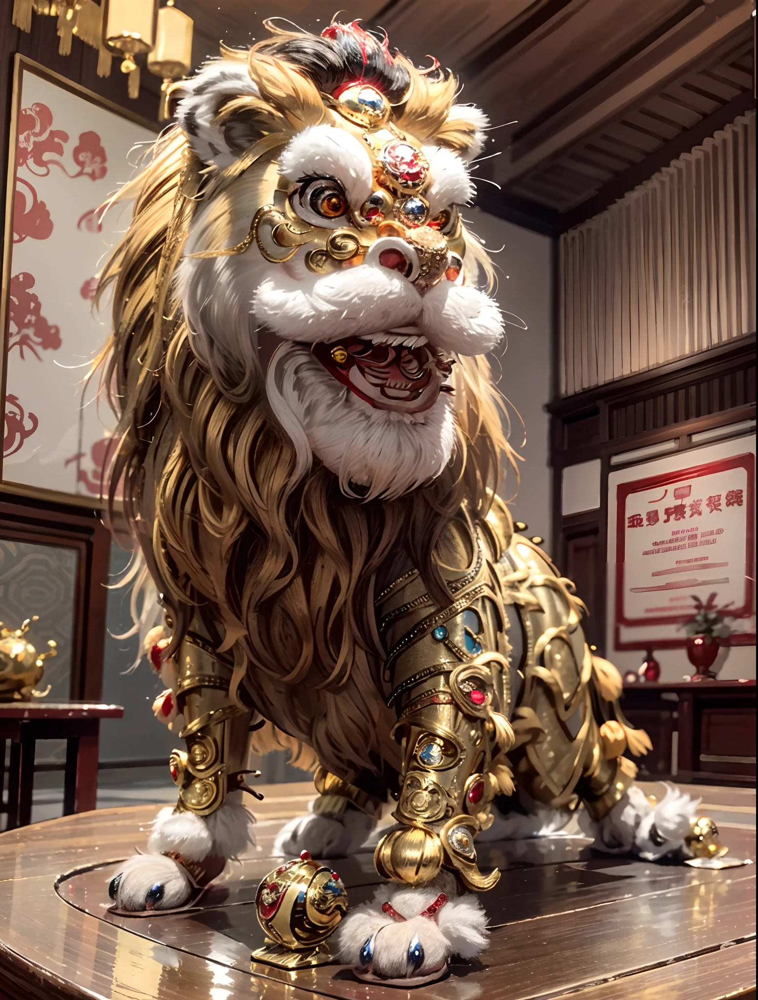 (best quality,4k,8k,highres,masterpiece:1.2),ultra-detailed,brass lion head sculpture on the table,exquisitely crafted,red gemstone eyes,blue gemstone forehead decoration,ornate and luxurious lion head artwork,Chinese elements,traditional culture,traditional craftsmanship,beautifully handcrafted,regal and majestic,sparkling gemstones,lifelike details,vibrant colors,shiny polished surface,decorative piece,East Asian heritage,Cultural heritage,antique,bronze sculpture,symbol of power and strength,traditional lion dance,eye-catching centerpiece,intricate design,authentic representation,impressive craftsmanship.