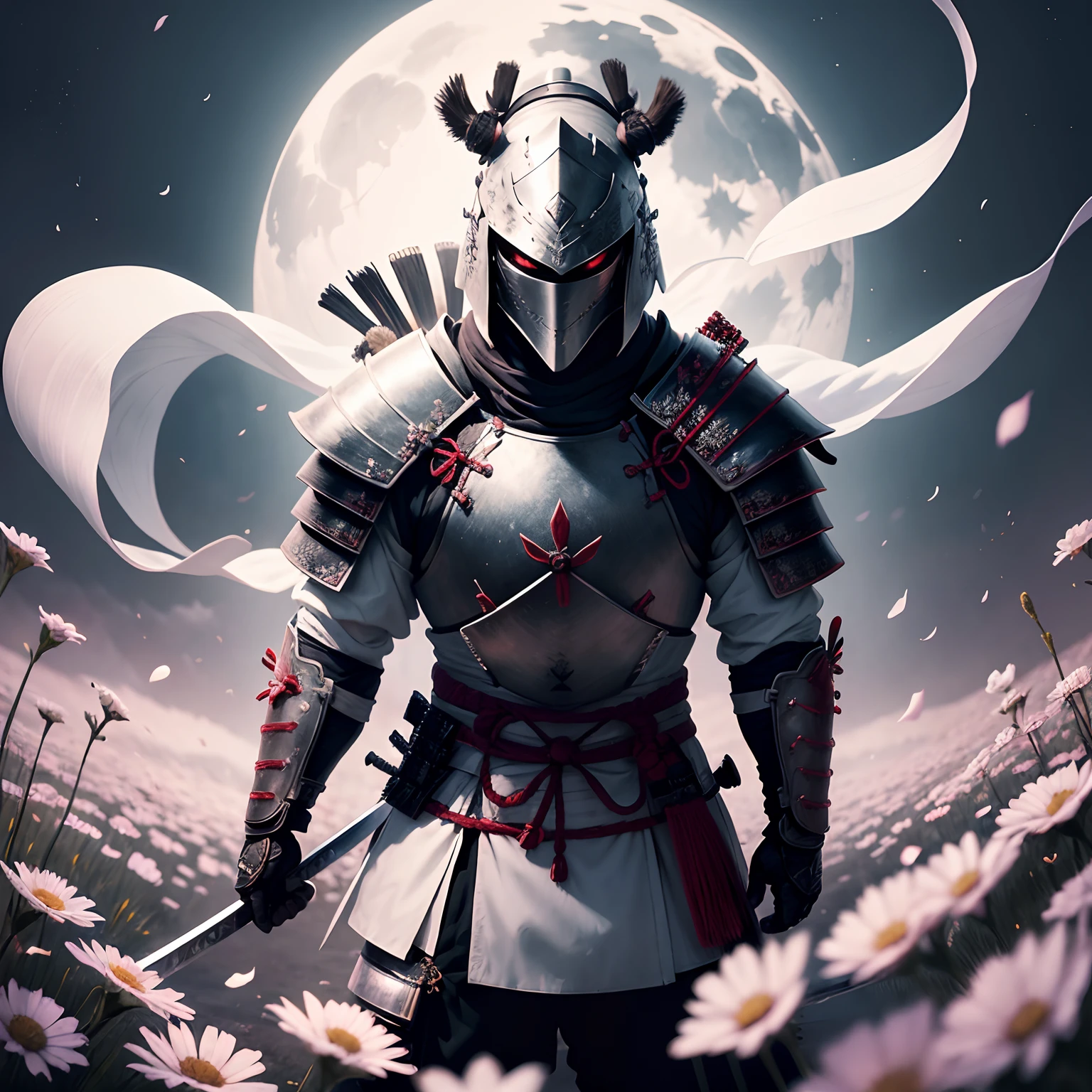 A white armoured samurai holding a katana under the moonlight on the field of flowers