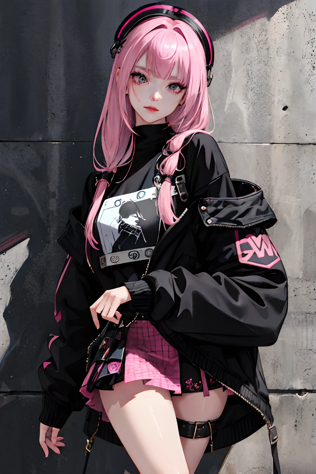 (masuter piece:1.2、top-quality)、(Live action、Intricate details)、(1lady、独奏、The upper part of the body、Colossal tits) garments: Edgy、Black jumper、Pink mini skirt、Avant-garde、Experimental appearance: Long pink hair、Dramatic makeup、Unconventional fashion choices behavior: Rebel、Runaway Ladies Leader、secretary-general、Black jumper、Pink mini skirt、Anti-system、Provocative Location: urban art district、Underground Music Scene Hobbies: Bad girl、Create mixed media art、Experiment with different subcultures values: individuality、authenticity、Creative Expression Inspiration: Runaway Ladies Leader、secretary-general、Counterculture icons、Nature: boldness、Unconventional。