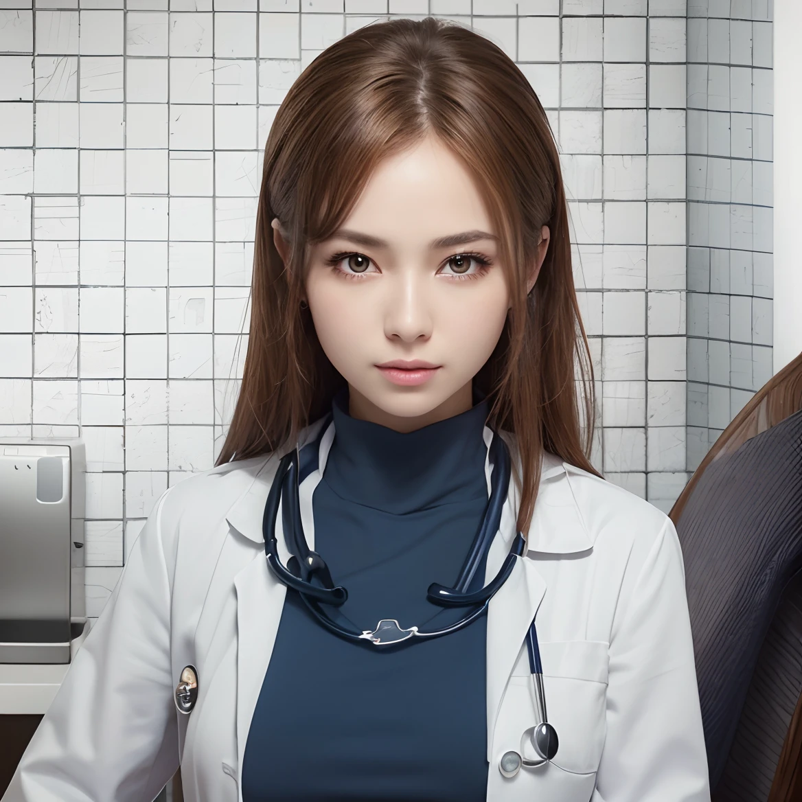 ((masterpiece)), ((best quality)), ((highres)), ((extremely detailed CG unity 8k wallpaper)),A beautiful adult famale,she wears a doctor's uniform,big breast,brown eyes,
