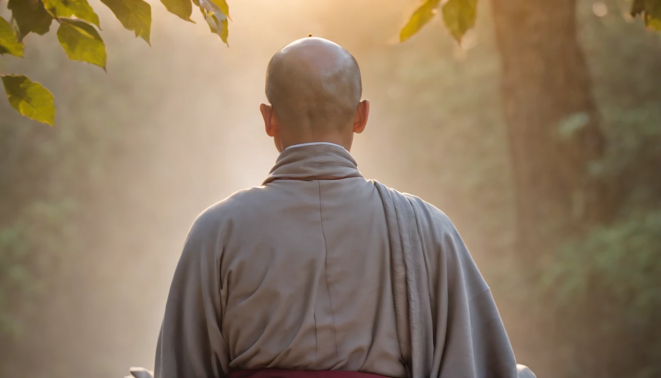 The back of a Buddhist monk, In meditation,Wearing a gray monk's robes,The sun that rises early,Telescopic shot