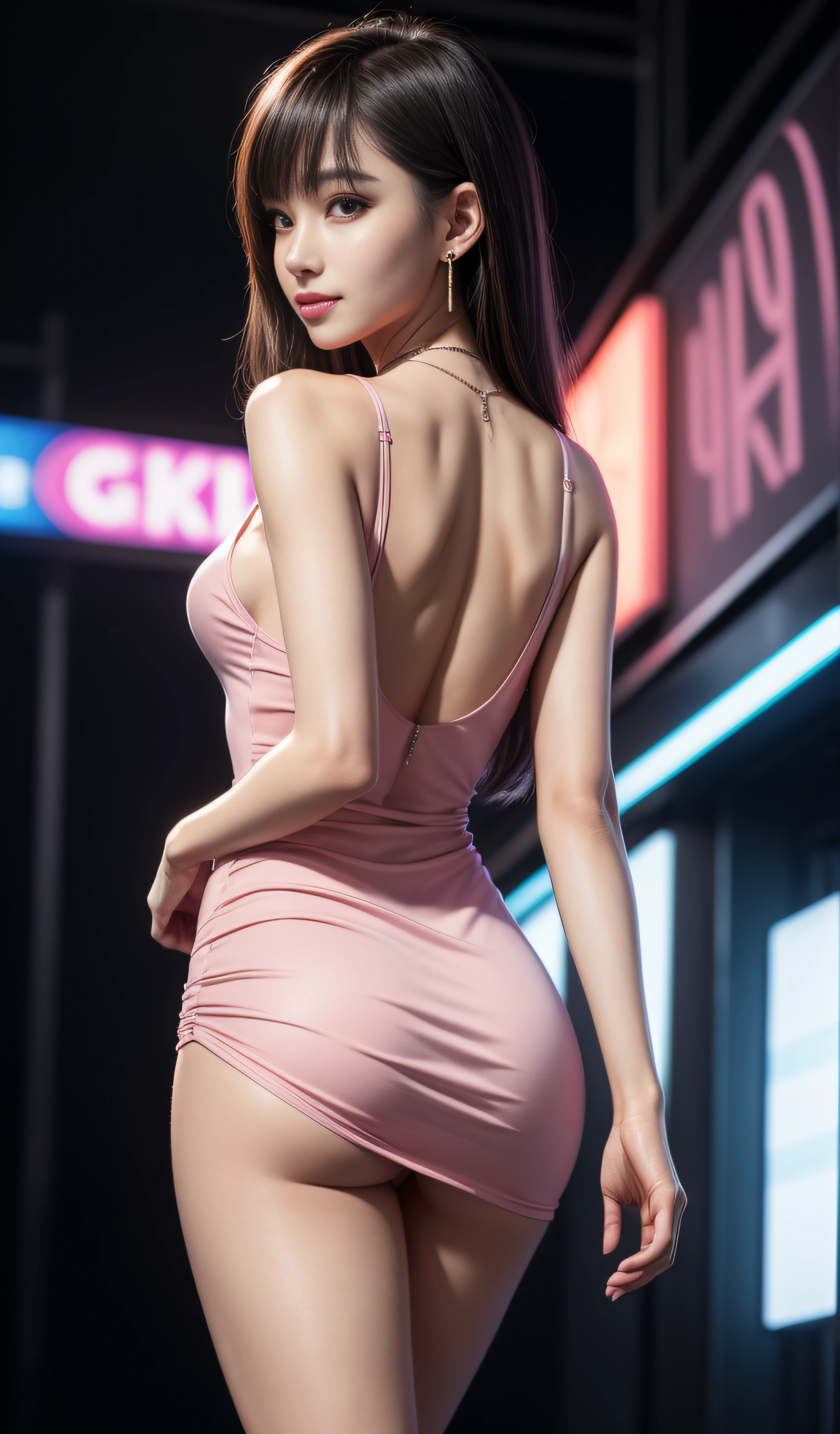 8K, Masterpiece, RAW photo, Best quality, detail:1.2),Photorealistic, Extremely detailed CG unifies 8K, 8K, Diamond, and wallpaper, Depth of field, Cinematic light, Lens flare, Ray tracing, (Extremely beautiful face, Beautiful lips, Beautiful eyes), intricate detail face, ((ultra detailed skin)) 1girll, In the dark, deepshadow, Pretty Korean girl, Kpop idol,(Very slim and slender muscular body:1.3), ((view the viewer)),(Big smile), ((big assa)), (bodycon minidress),(Pink dress), (Injection sleeve) , (City Night, (neon lights sign), (Nightclub), Pretty Korean girl, Earrings, bangle, necklace, Pantyhose, Clear eyes, Walking , (Pale skin), Face forward, (Big eyes), ((upperbody shots)), ((big assa)), bodycon minidress, Silk mini dress , Turn Back, Back shot, Very slim, slander