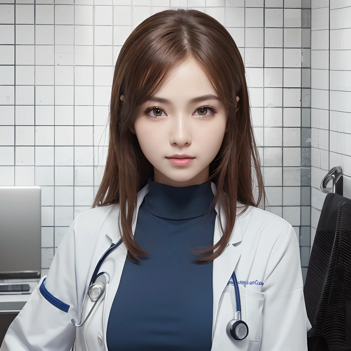 ((masterpiece)), ((best quality)), ((highres)), ((extremely detailed CG unity 8k wallpaper)),A beautiful adult famale,she wears a doctor's uniform,big breast,brown eyes,