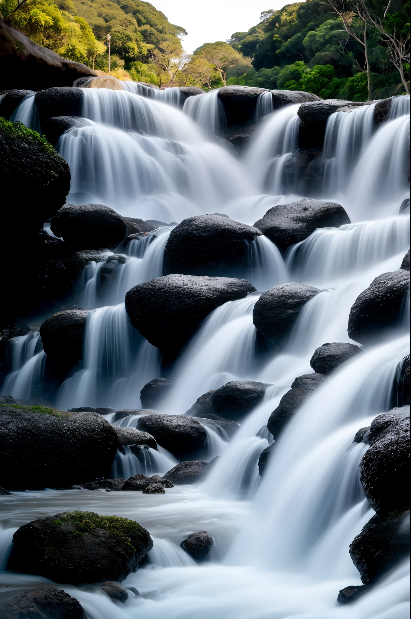 4k, ultra qualidade, realista, detalhado, garota de cabelos brancos de perfil, cabelos longos em movimento com o vento, olhos dourados, brincos brilhantes, vestido longo, Twilight sky at sunset, nuvens brancas em movimento, cachoeira distante ao fundo