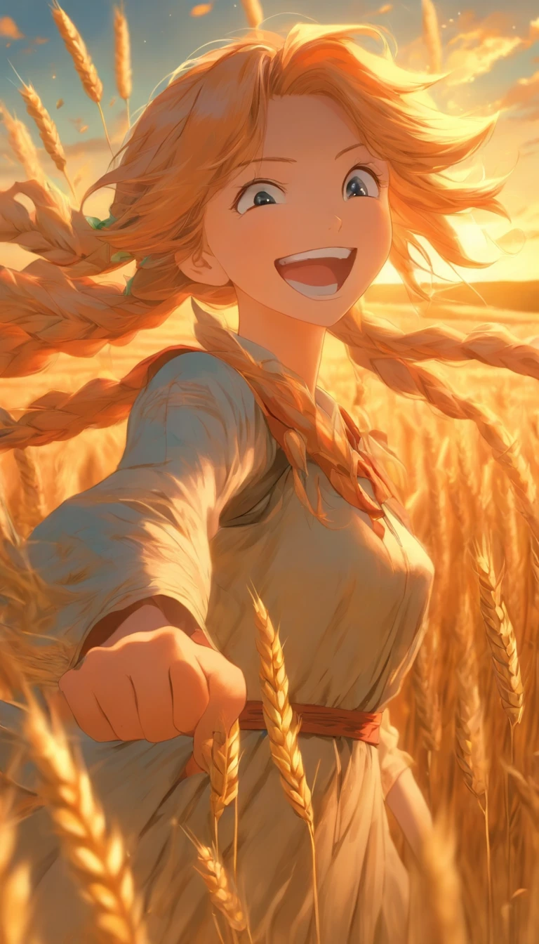 1 girl,themoon, Solo, Long orange hair, Running, (High wheat fields), Turning around, Emerald eyes, Long blue dress, Middle Ages, medieval clothing, Long-sleeved sunset, Light from behind, Shadows on characters, Smile, Laughter, (Blue sky), Against the background of wheat, Stand in the distance, looking at viewert, whole-length