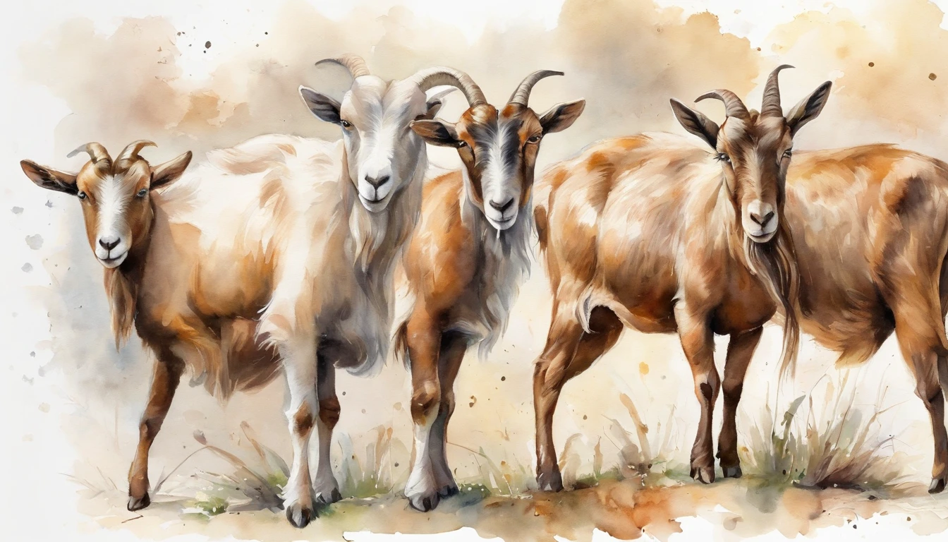 Goats in different poses,On your stomach,are standing,Heads down and grazing,