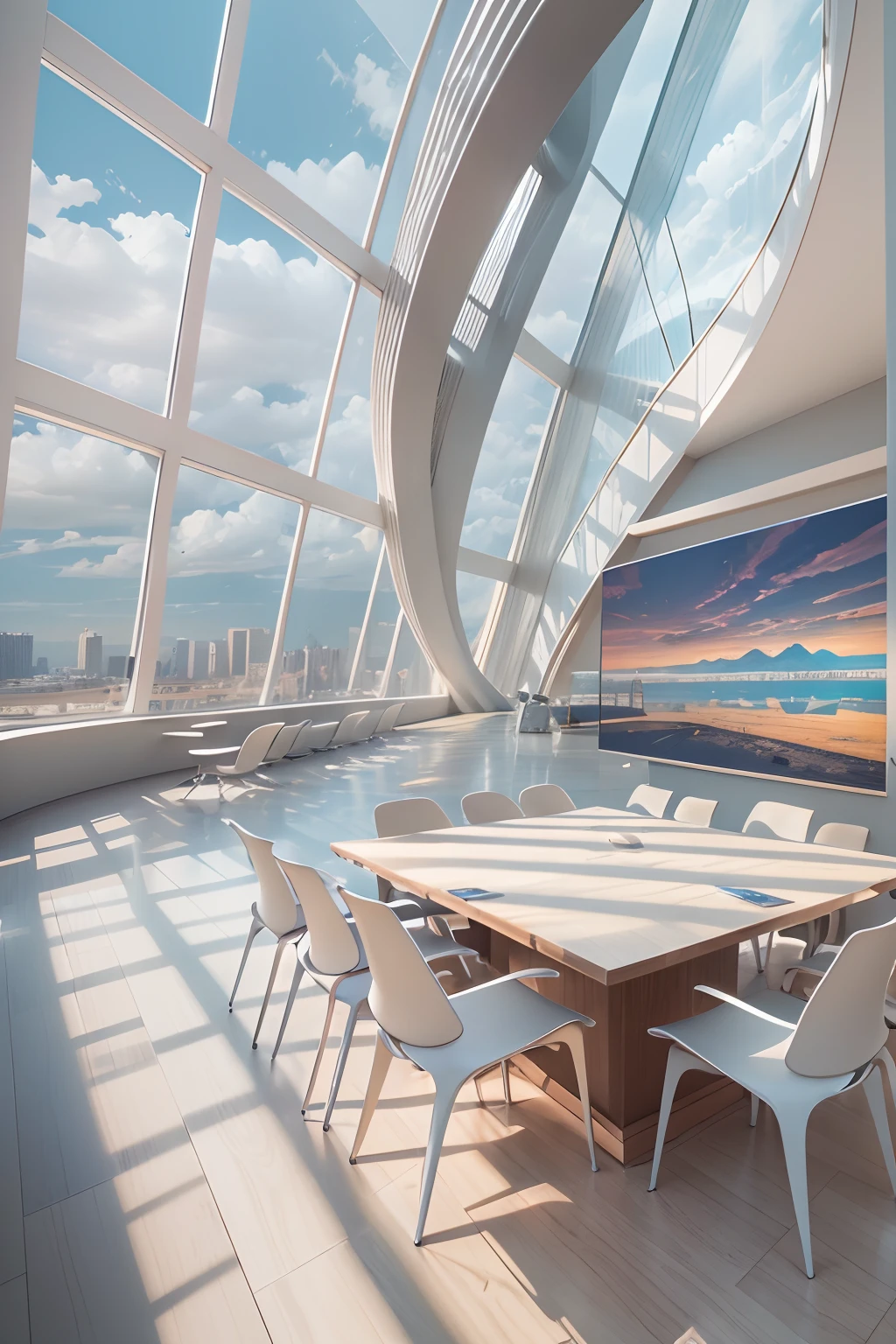meeting room,There is a wall in the middle of the meeting room,The painting on the wall is in the middle, Paintings on the walls, skyscape, Large airy windows, Zaha Hadid and Santiago Calatrava landscape panoramic style, Fish, Clear light, Edge lighting, Perfect image, Building summary style, 16k UE5. superfine, 8K, hdr, Product photography, Depth of field, Nikon D850, Ultra-realistic, no contrast, clean sharp focus, professional, No blurring