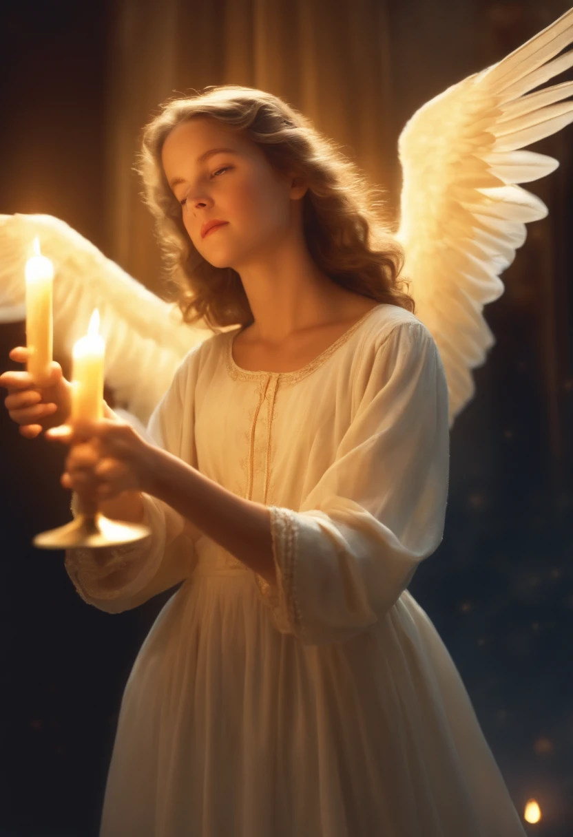 masterpiece, best quality, movie still, 4 female, young, angelic, holding advent candles, angel, tiny, morphing from candle floating in the sky, close-up, bright, happy, warm soft lighting, candle light, church, Christmas Eve, (sparks:0.7)