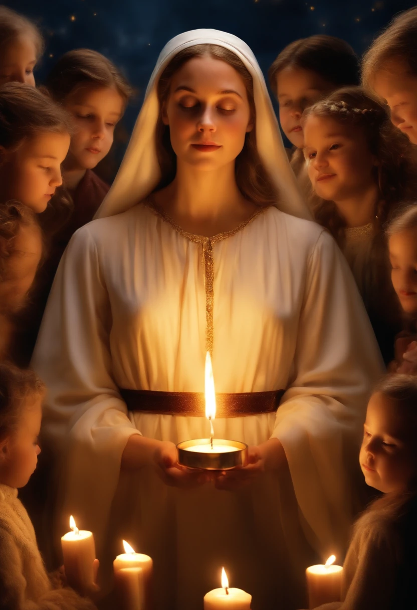 masterpiece, best quality, movie still, 4 female, young, angelic, holding advent candles, angel, tiny, morphing from candle floating in the sky, close-up, bright, happy, warm soft lighting, candle light, church, Christmas Eve, (sparks:0.7)