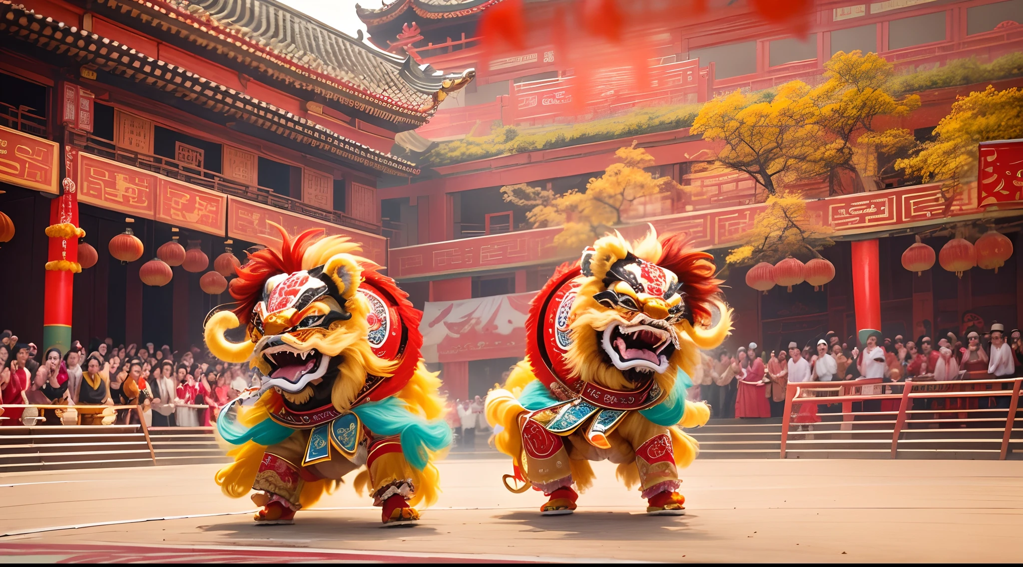 (best quality,4k,highres,masterpiece:1.2),ultra-detailed,realistic:1.37,chinese traditional lion dance,traditional Chinese martial arts,energetic dancing,two colorful lion costumes,intense facial expressions,vibrant and luxurious atmosphere,customary fierce movements,dynamic and lively performance,impressive stunts and acrobatics,traditional handcrafted lion heads,magnificent golden accents and intricate designs,captivating and rhythmic drum beats,traditional Chinese music,cheerful and excited crowd,joyful celebration,red and gold color scheme,elegant and flowing lion dance movements,majestic lion leaps and jumps,stunning choreography,authentic cultural performance,elaborate lion dance competition,auspicious and festive atmosphere。