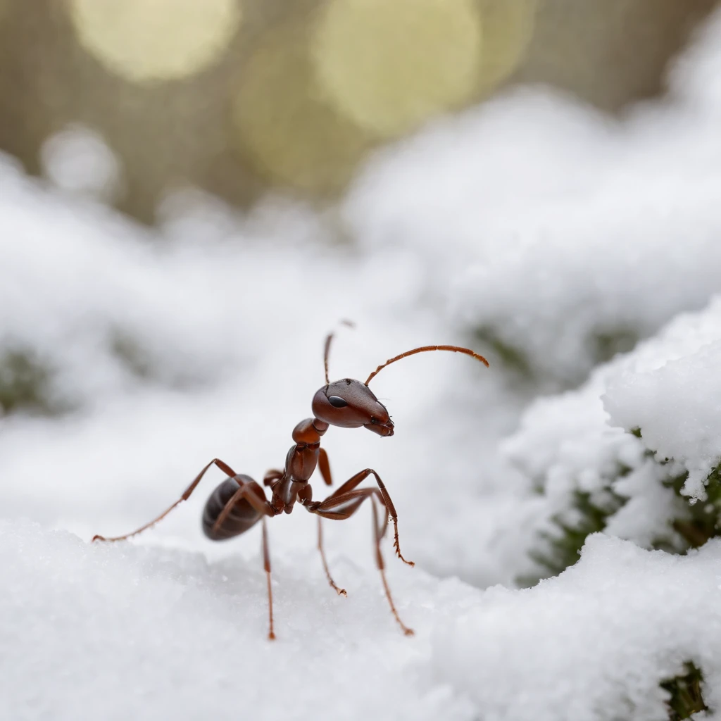 an ant in the snowy forest