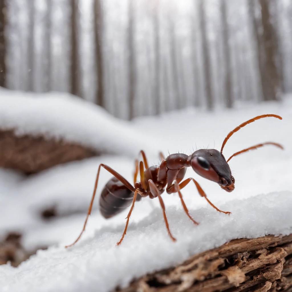an ant in the snowy forest