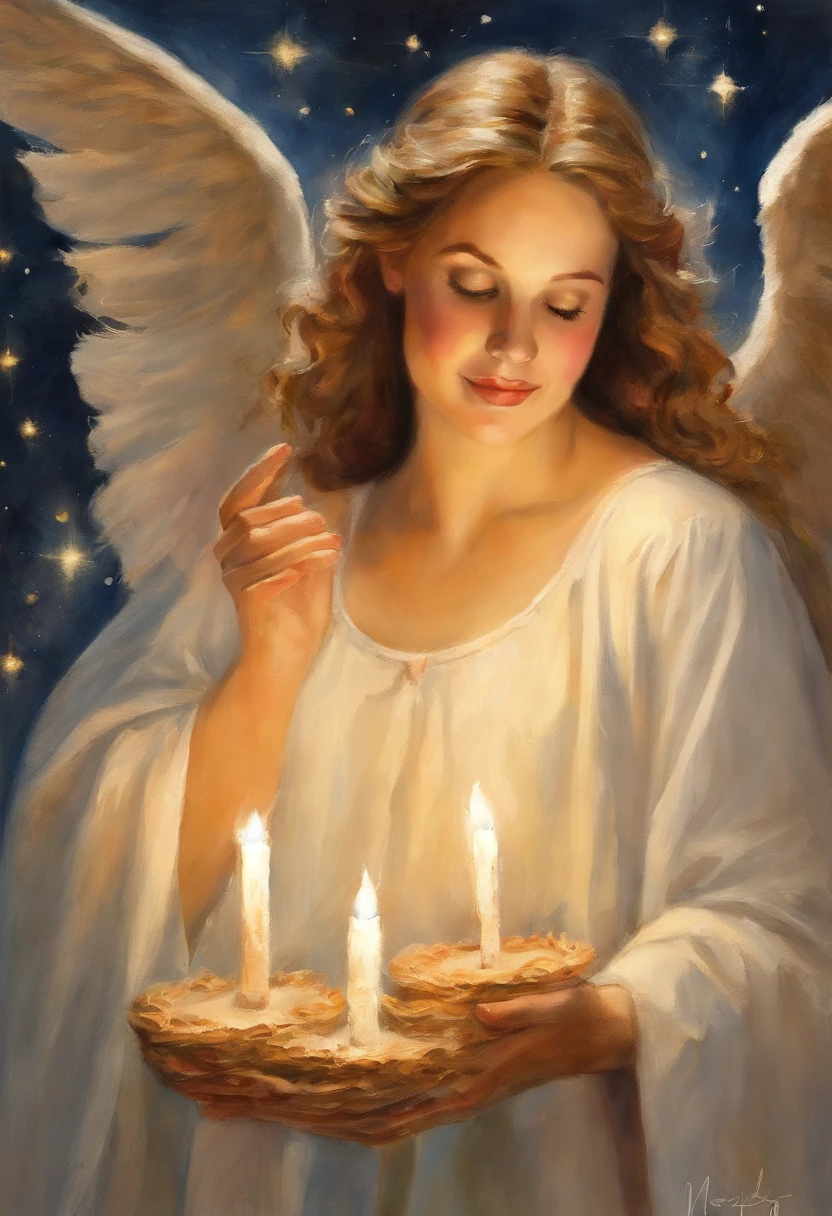 masterpiece, best quality, movie still, 4 female, young, angelic, holding advent candles, angel, tiny, morphing from candle floating in the sky, close-up, bright, happy, warm soft lighting, candle light, church, Christmas Eve, (sparks:0.7)