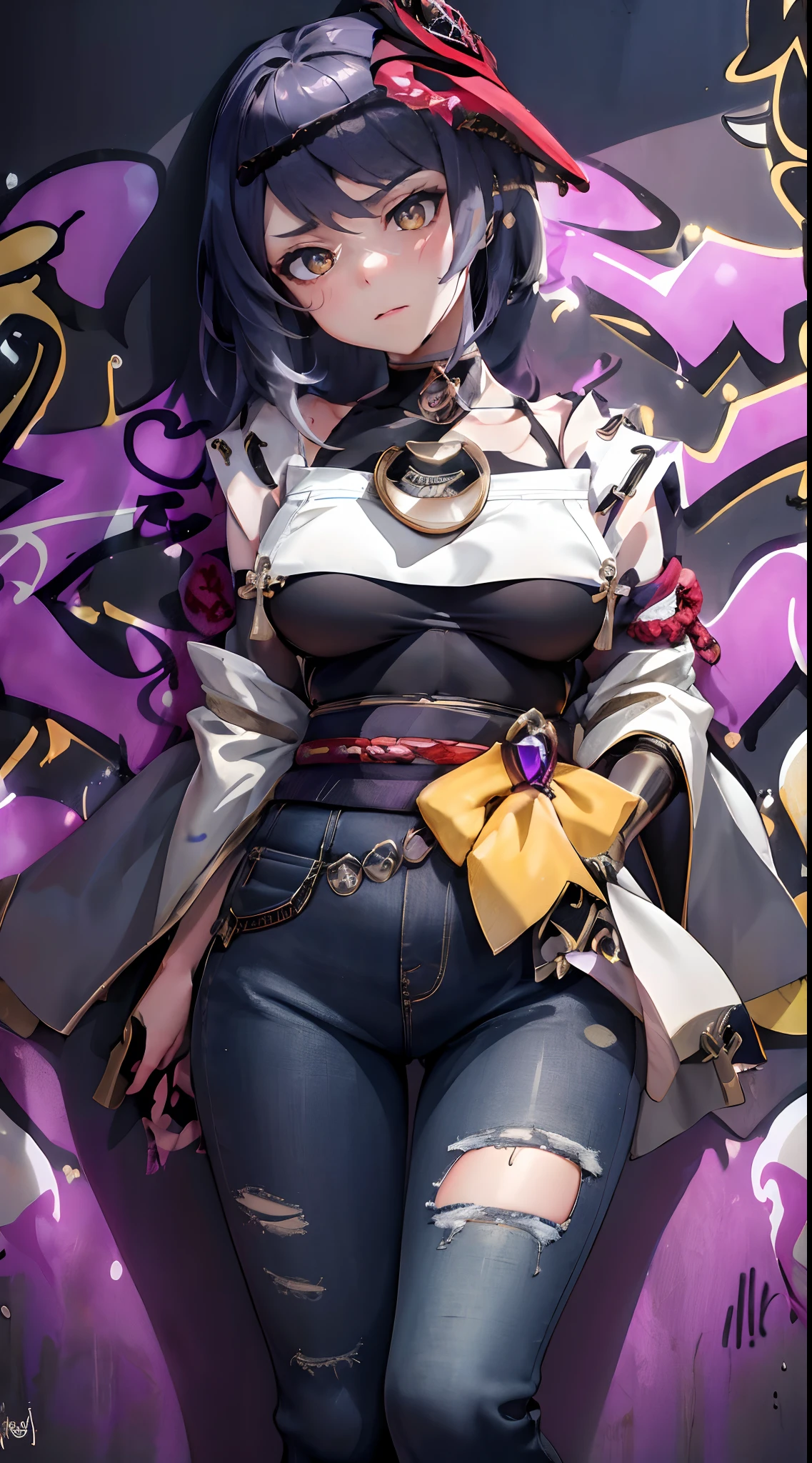 Kujou Sara Genshin Effect, masterpiece, bestquality, 1girls, oversized breasts, bara, Long Jeans, choker, (Graffiti:1.5), Splash with purple lightning pattern., arm behind back, against wall, View viewers from the front., Thigh strap, Head tilt, bored, Ponytail, water eyes,