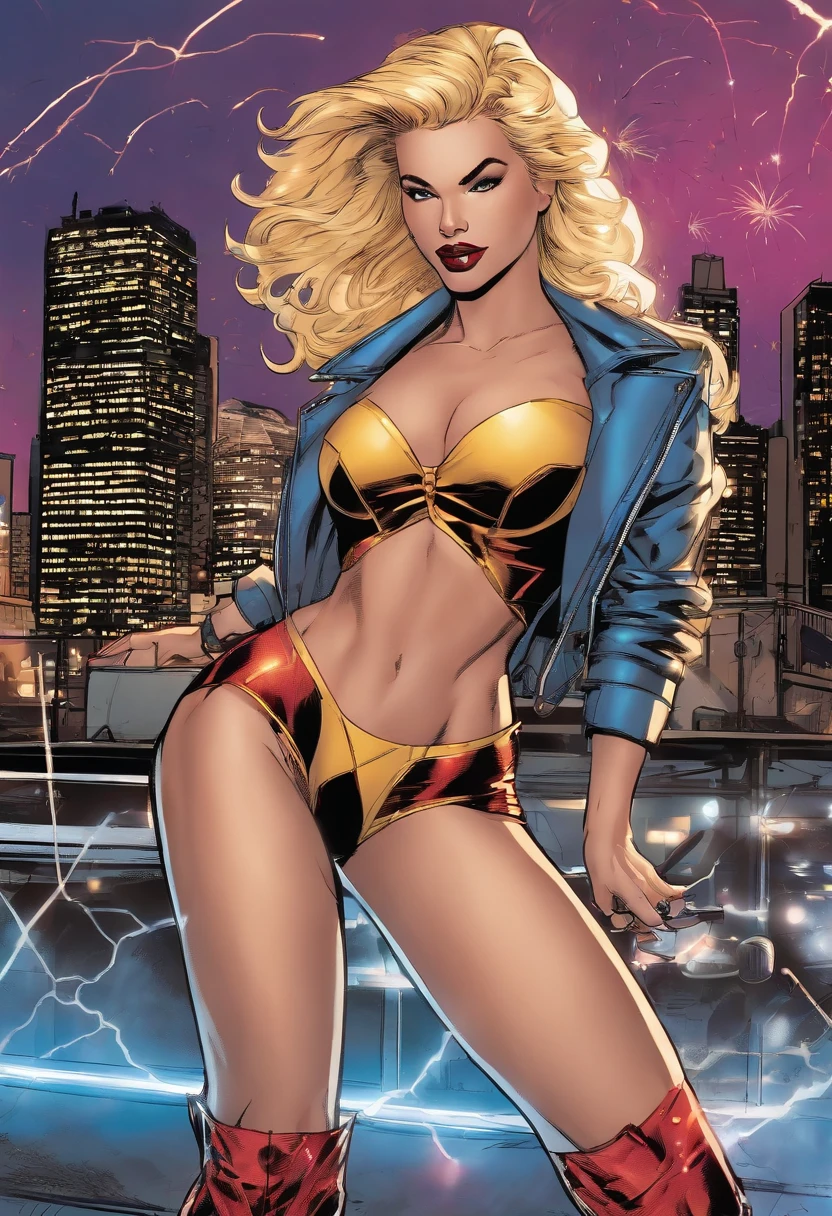 ((In Jim Lee's style)) Render full-body portraits of Marvel's dazzlers,Pose intensely against a city background of flashing neon lights, Fireworks explode overhead. Long blonde hair, She is calling on her power, So there was a bright light behind her, Brighten up her white punk rock outfit. Be sure to capture the unique sound waves you emit from your hands,And include some vinyl records scattered around you,to reference the power of your musical theme.