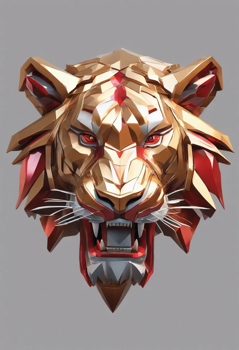 Game medallion with metal tiger head closeup with crown，Close-up of dragon head，hearthstone art style, Hearthstone style art, hearthstone concept art, Riot game concept art, style of league of legends, iconic character splash art, League of Legends crown，Game badge，Surrounding metal feathers，Red gold，c4d渲染，Less detail，less detailing，Huge metal tiger head in the middle