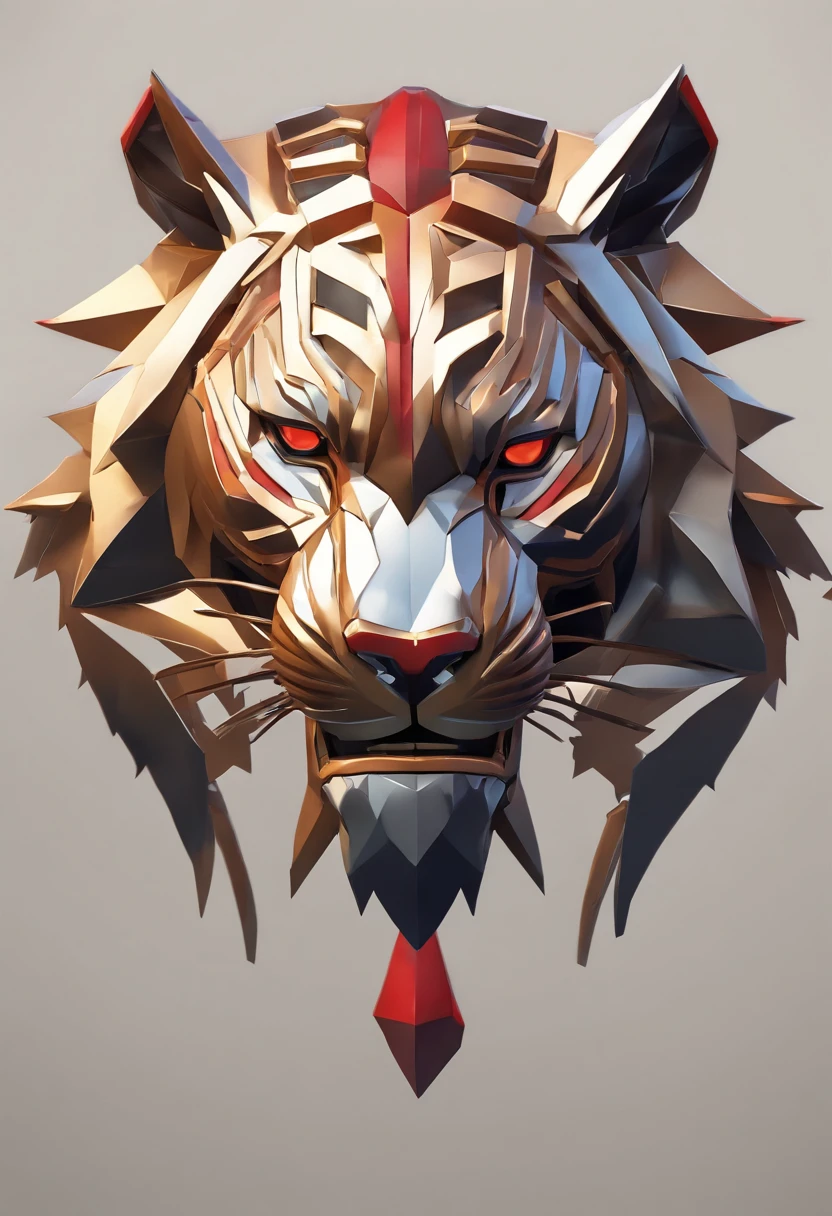 Game medallion with metal tiger head closeup with crown,Close-up of dragon head,hearthstone art style, Hearthstone style art, hearthstone concept art, Riot game concept art, style of league of legends, iconic character splash art, League of Legends crown,Game badge,Surrounding metal feathers,Red gold,c4d渲染,Less detail,less detailing,Huge metal tiger head in the middle