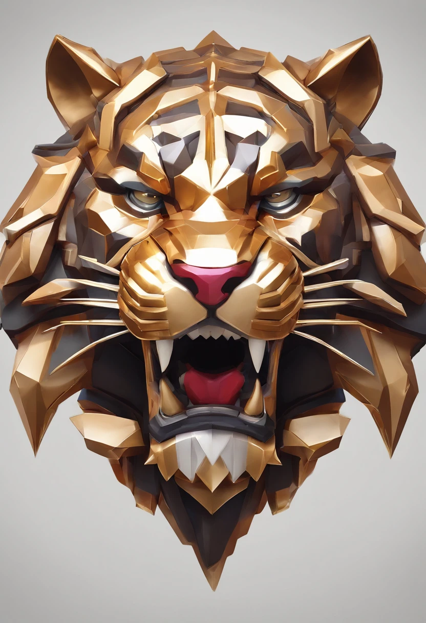 Game medallion with metal tiger head closeup with crown,Close-up of dragon head,hearthstone art style, Hearthstone style art, hearthstone concept art, Riot game concept art, style of league of legends, iconic character splash art, League of Legends crown,Game badge,Surrounding metal feathers,Red gold,c4d渲染,Less detail,less detailing,Huge metal tiger head in the middle