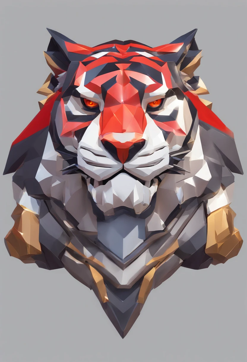 Game medallion with metal tiger head closeup with crown，Close-up of dragon head，hearthstone art style, Hearthstone style art, hearthstone concept art, Riot game concept art, style of league of legends, iconic character splash art, League of Legends crown，Game badge，Surrounding metal feathers，Red gold，c4d渲染，Less detail，less detailing，Huge metal tiger head in the middle