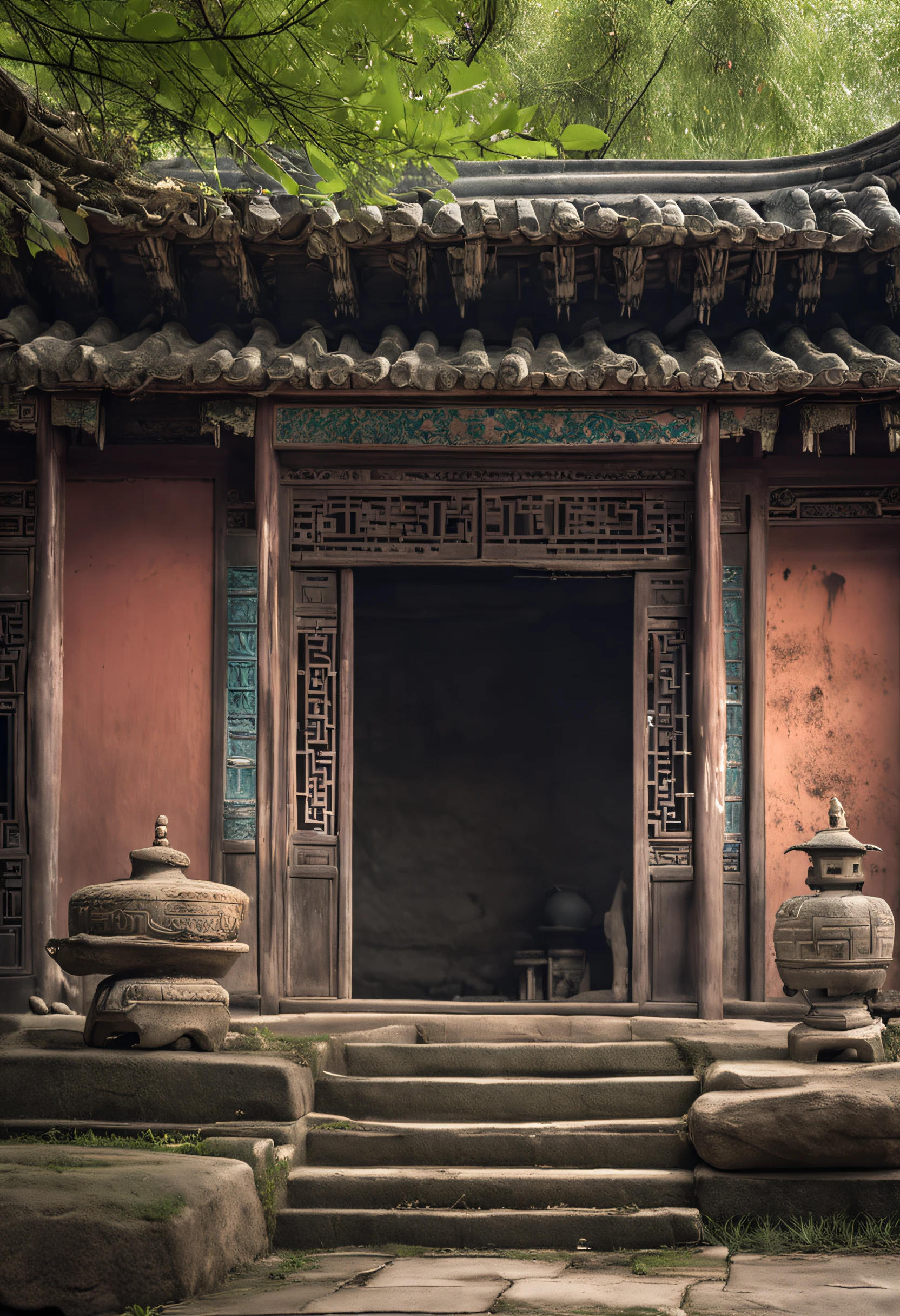 classical,Chinese Ancient Times,the Tang Dynasty,eaves,Broken,Rain runs down from the tiles,Drip onto the stone tiles below,Here are some small grasses。scenecy,Beautiful,Quaint,The home of ancient scholars。NOhumans。