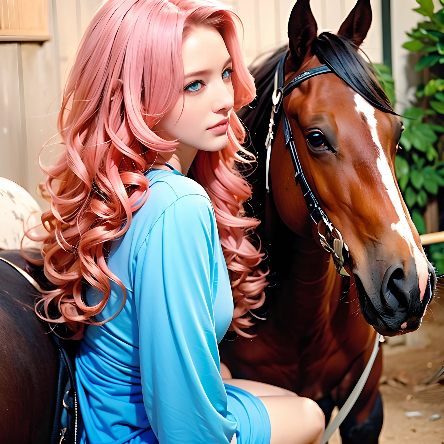 (a woman, long curly hair, pink hair, blue eyes, light blue eyes, elf) (1 woman with a horse, light brown horse, horse with black hair)