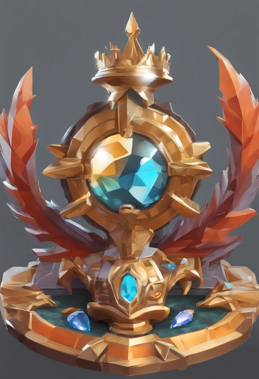 Game medallion with metal faucet closeup with crown，Close-up of dragon head，hearthstone art style, Hearthstone style art, hearthstone concept art, Riot game concept art, style of league of legends, iconic character splash art, League of Legends crown，Game badge，Surrounding metal feathers，Orange gold，c4d渲染，Less detail，less detailing，Huge metal faucet in the middle，The head has gorgeous gemstones