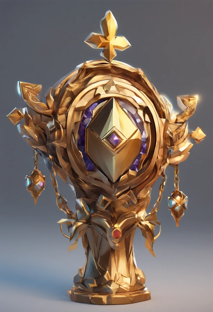 Game medallion with metal faucet closeup with crown，Close-up of dragon head，hearthstone art style, Hearthstone style art, hearthstone concept art, Riot game concept art, style of league of legends, iconic character splash art, League of Legends crown，Game badge，Surrounding metal feathers，Orange gold，c4d渲染，Less detail，less detailing，Huge metal faucet in the middle，The head has gorgeous gemstones