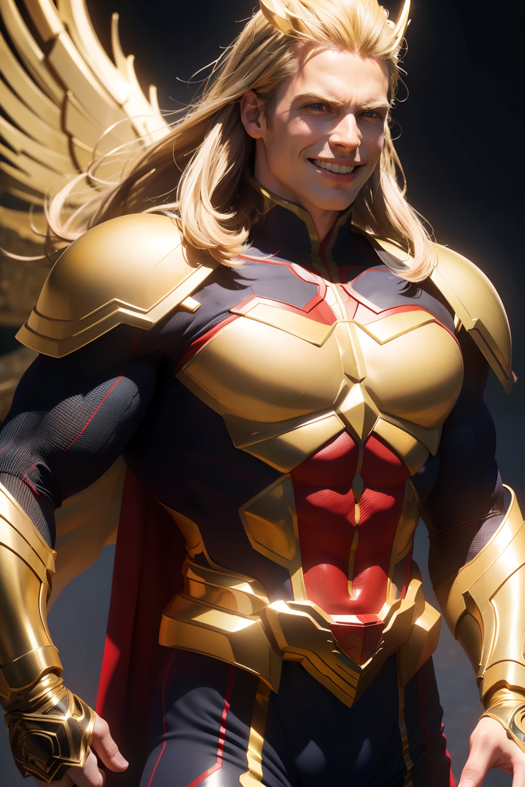 All Might, in a golden armor, steps forward for a photoshoot, smiling. (best quality,4k,8k,highres,masterpiece:1.2), ultra-detailed, (realistic,photorealistic,photo-realistic:1.37), HDR, UHD, studio lighting, vivid colors, bokeh, portraits, golden tone, strong backlighting