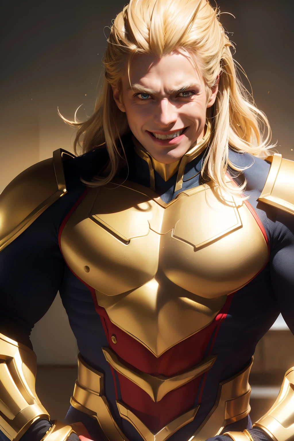 All Might, in a golden armor, steps forward for a photoshoot, smiling. (best quality,4k,8k,highres,masterpiece:1.2), ultra-detailed, (realistic,photorealistic,photo-realistic:1.37), HDR, UHD, studio lighting, vivid colors, bokeh, portraits, golden tone, strong backlighting