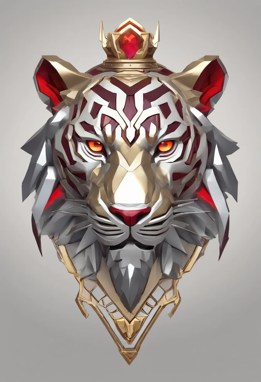 Game medallion with metal tiger head closeup with crown,Close-up of dragon head,hearthstone art style, Hearthstone style art, hearthstone concept art, Riot game concept art, style of league of legends, iconic character splash art, League of Legends crown,Game badge,Surrounding metal feathers,Red gold,c4d渲染,Less detail,less detailing,Huge metal tiger head in the middle